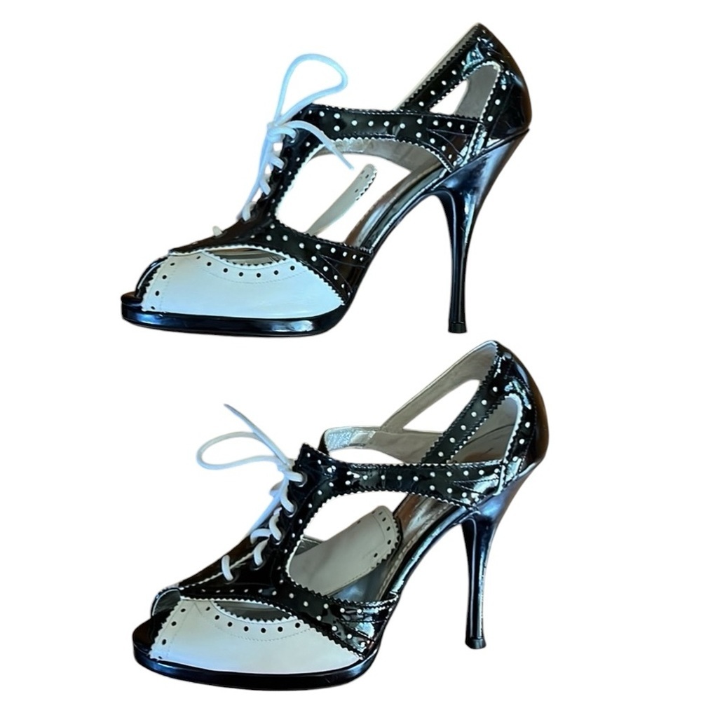 Linea Paolo Black & White Mary Jane Retro style lace up open toe heels Size 8M - Picture 5 of 16
